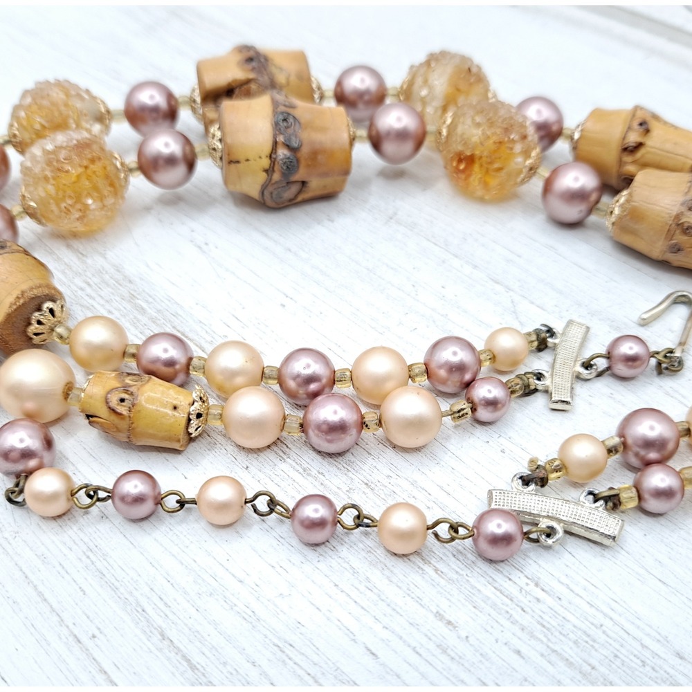 Vintage Japan Double Strand Necklace Chunky Bamboo Faux Pearl Glass Beads 16" - Picture 6 of 12